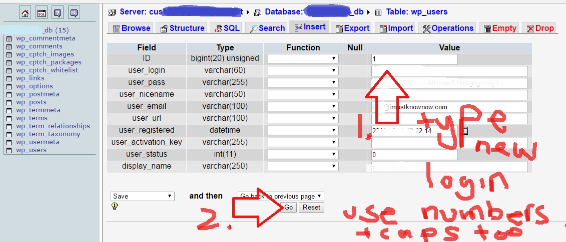 Change WordPress username in phpMyAdmin