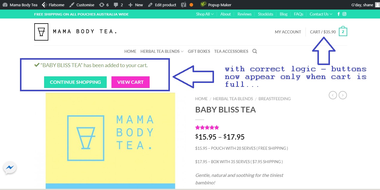 add continue shopping & view cart buttons – woocommerce single product page